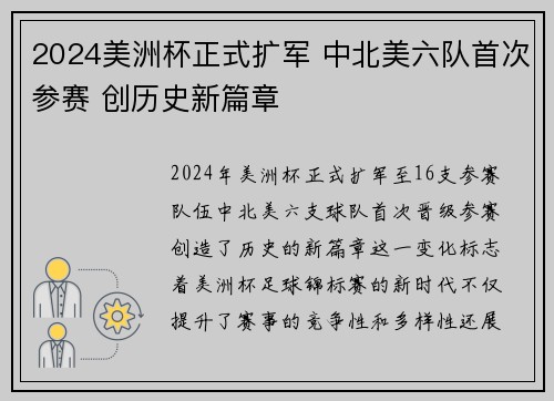 2024美洲杯正式扩军 中北美六队首次参赛 创历史新篇章